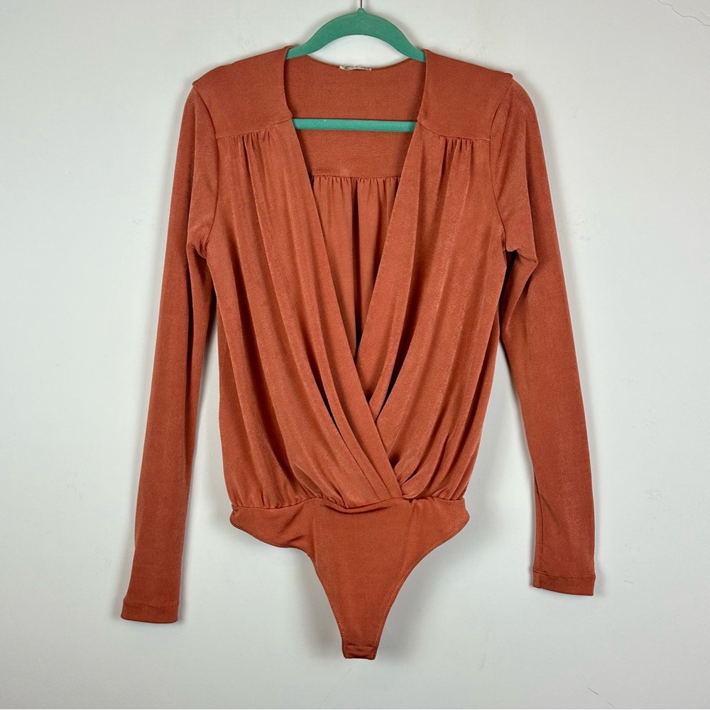 Free People Intimately Free Copper Faux Wrap Bodysuit Body Con Shimmer M